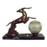 Vintage french art deco gazelle lamp black marble base round glass shade 3956