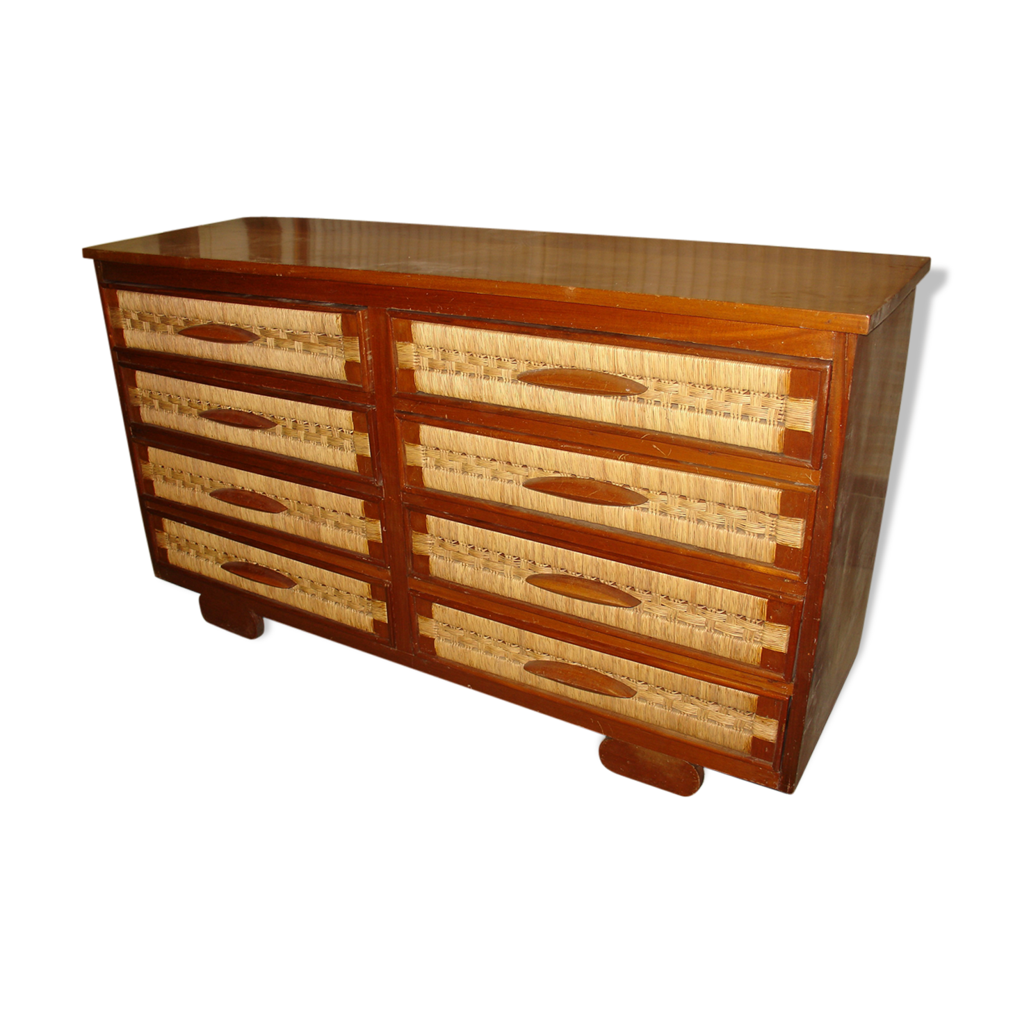 Mahogany and straw chest of drawers, circa 1950, Mexican made