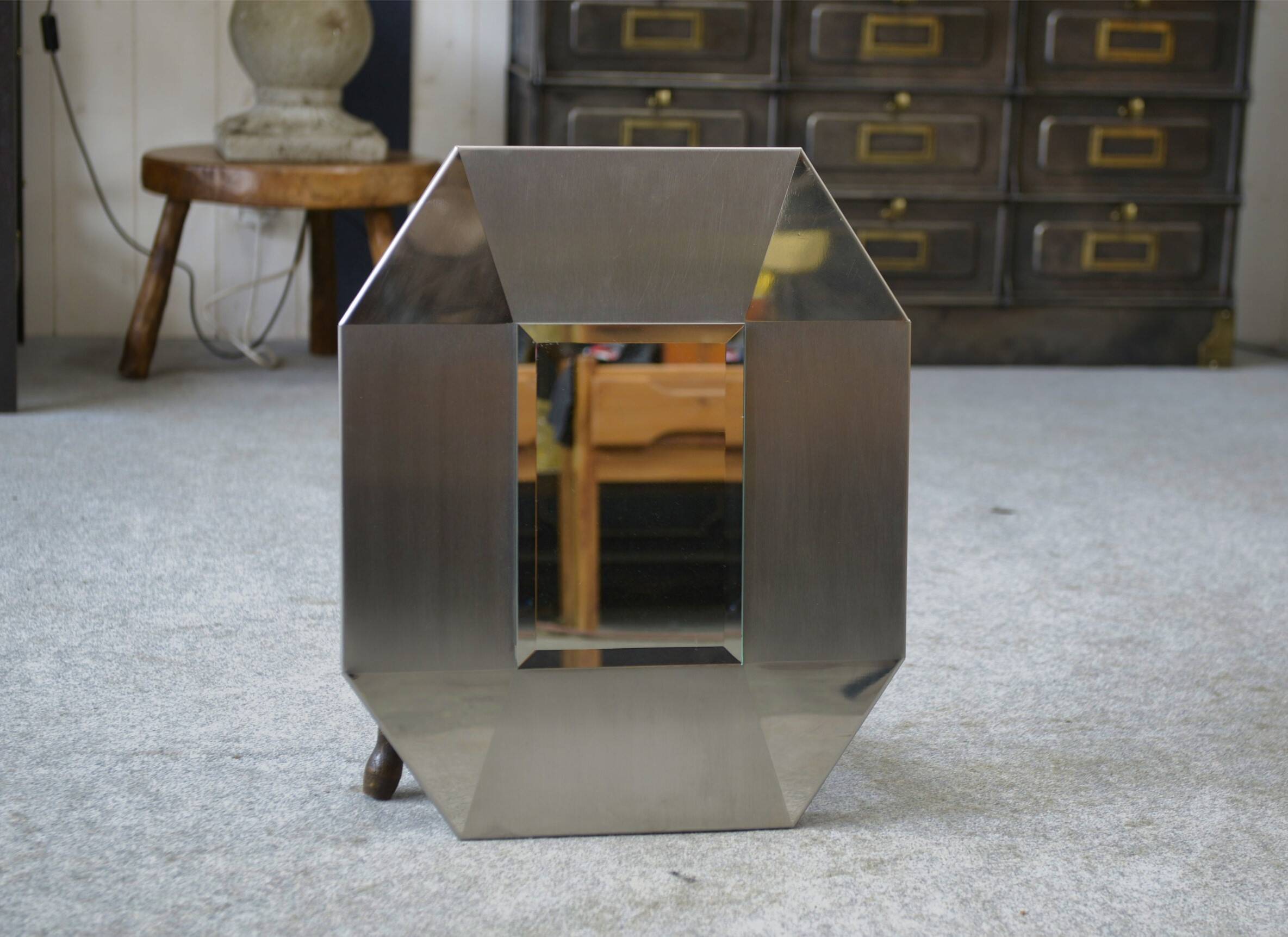 Designer mirror in brushed and chrome-plated stainless steel, beveled glass, 1970s