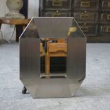Miroir design en acier inoxydable brossé et chromé, verre biseauté 1970's