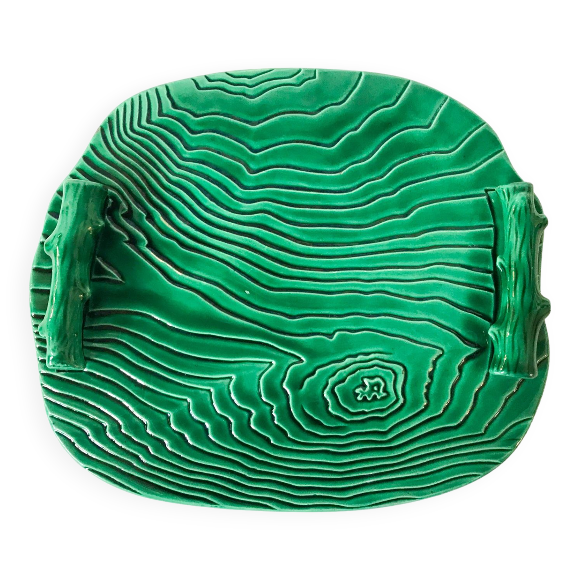 green ceramic tray with bamboo effect from the 1950s