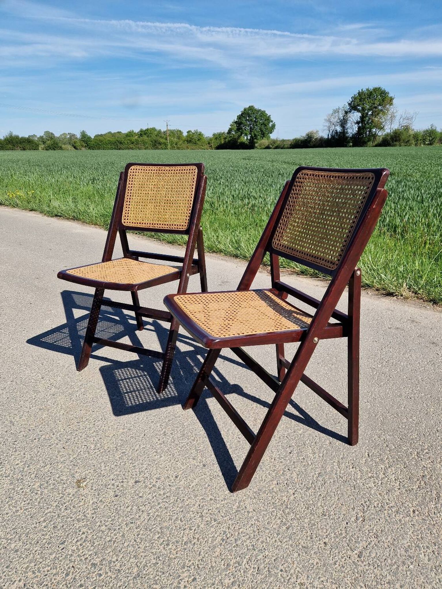 Lot de 2 chaises pliantes en bois et cannage