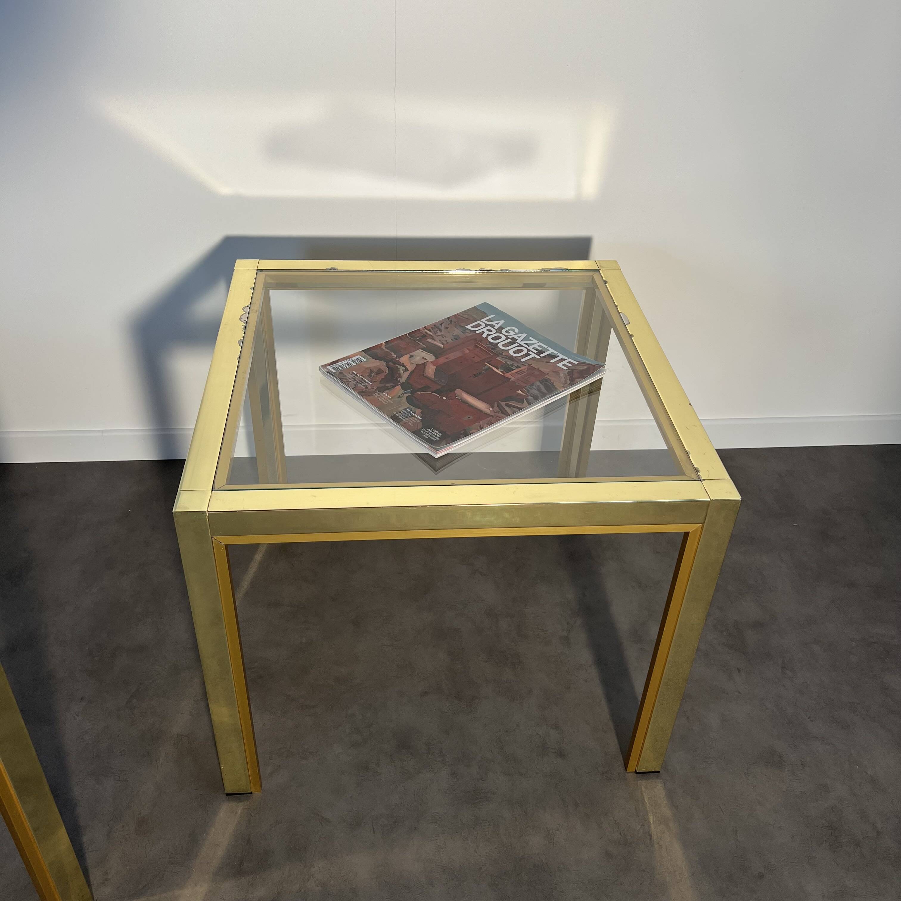 Pair of coffee tables, side table, glass and brass 60x60cm Italy 1960