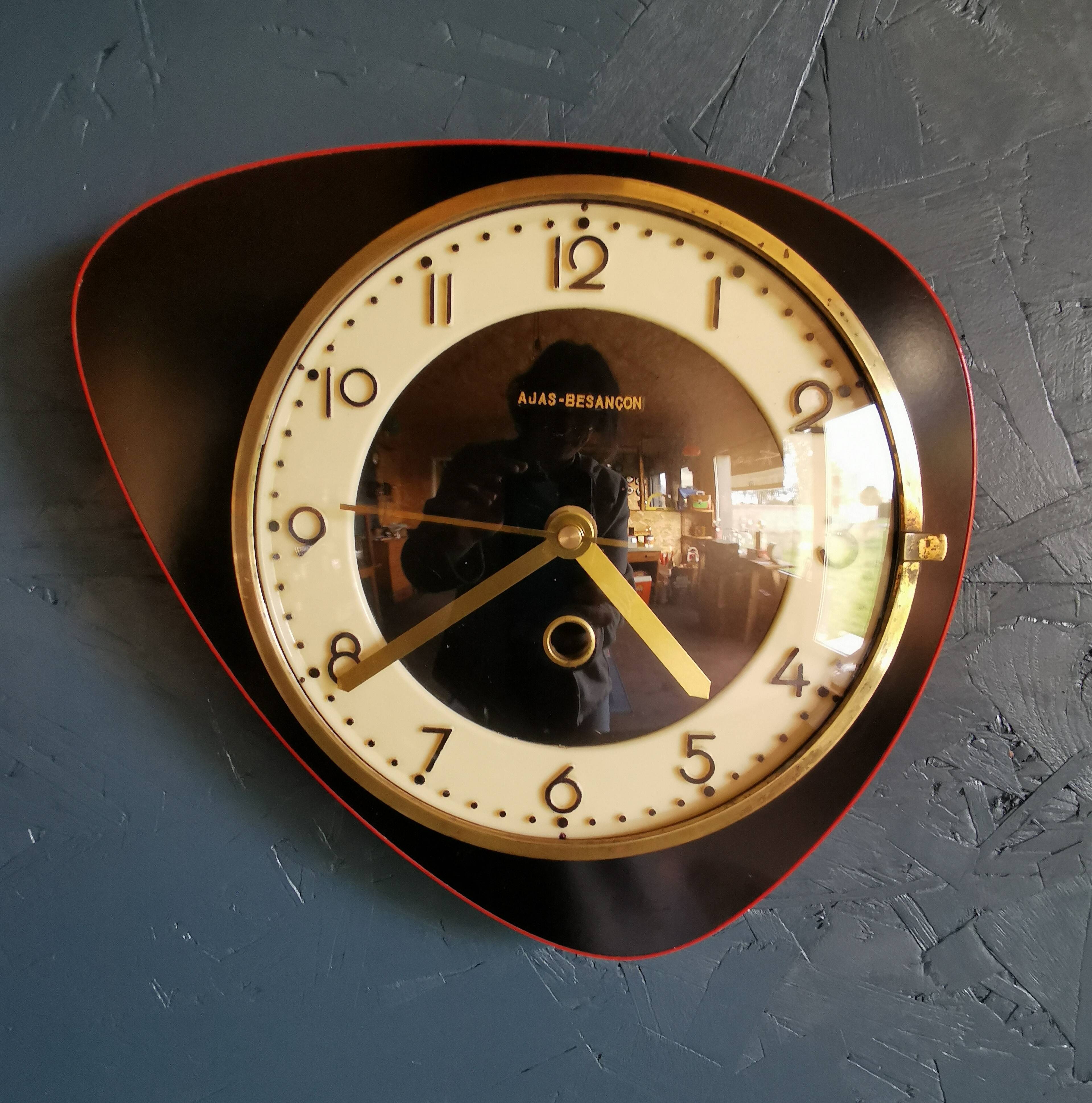 Vintage formica clock silent asymmetrical wall clock "Ajas Besançon black red"