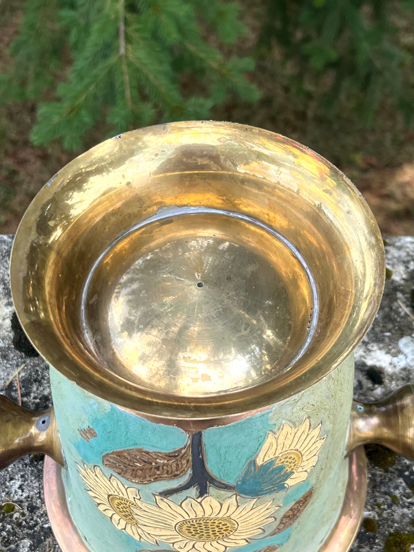 Cloisonne Brass champagne bucket with sunflower relief decoration