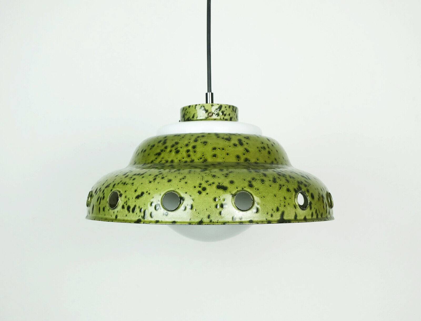 Mid century pendant light enamel metal white glass 1960s