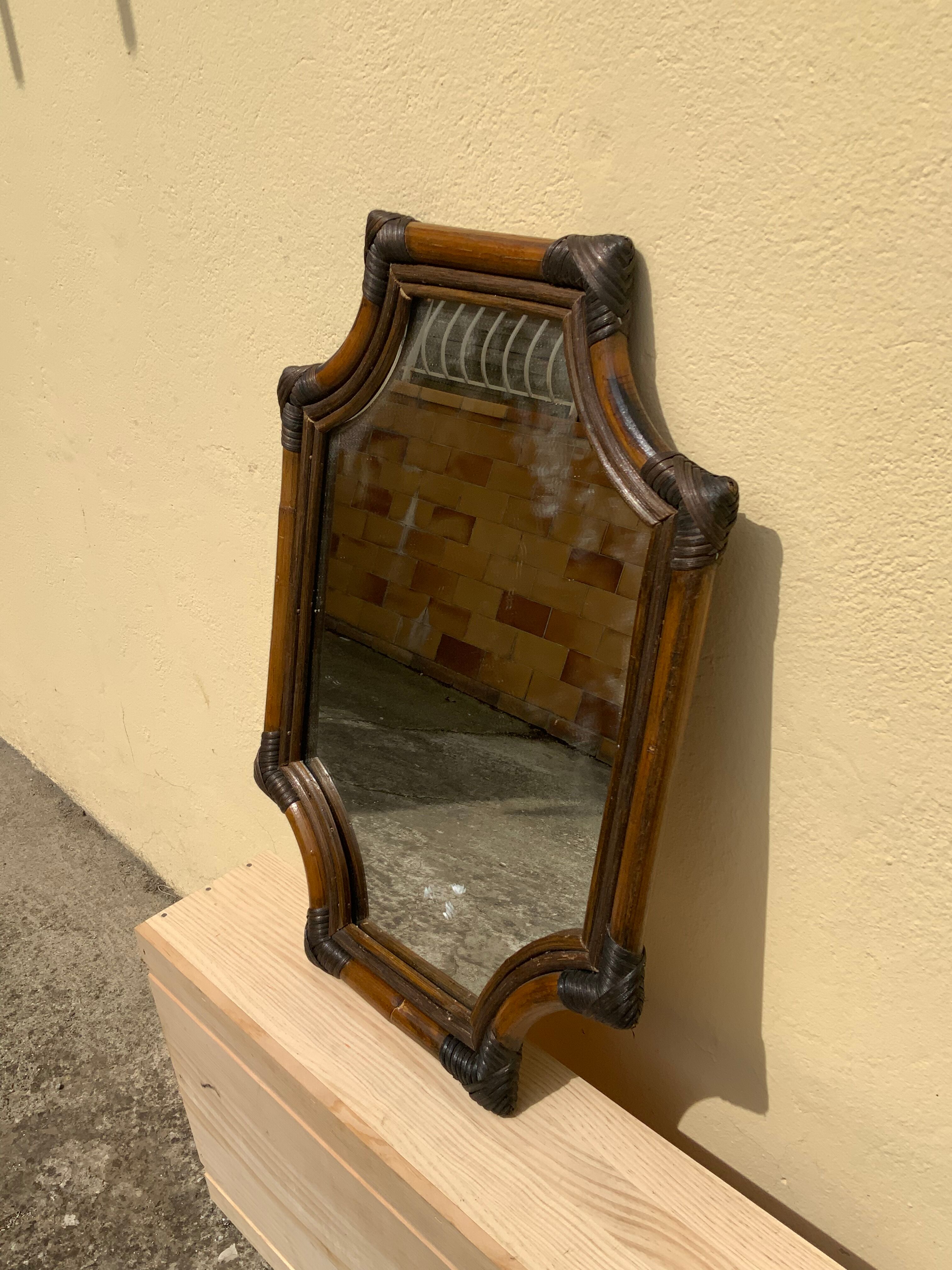 Large format retro decorative vintage wicker and rattan wood mirror
