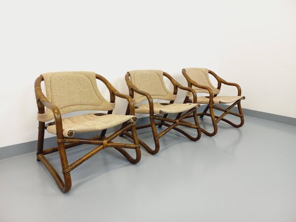 Suite de 3 fauteuils danois vintage esprit safari de Horsnæs Møbelfabrik en rotin et tissu des année