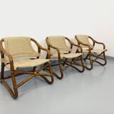 Suite de 3 fauteuils danois vintage esprit safari de Horsnæs Møbelfabrik en rotin et tissu des année
