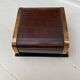Art Deco wooden and brass cigarette box with curtain + glass ashtray