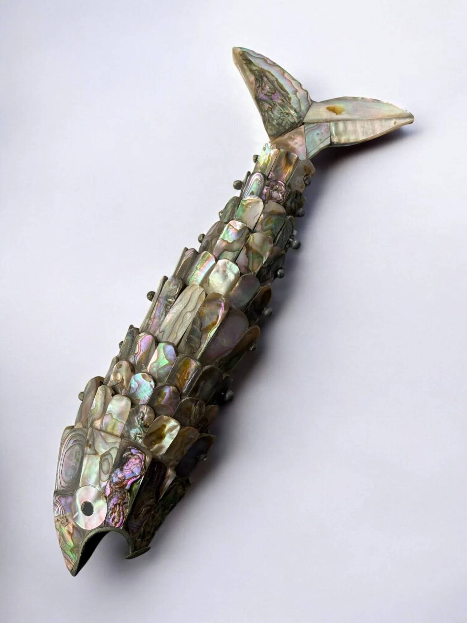 Articulated abalone shell and brass fish bottle opener, Mexico, 1980s, 18 cm