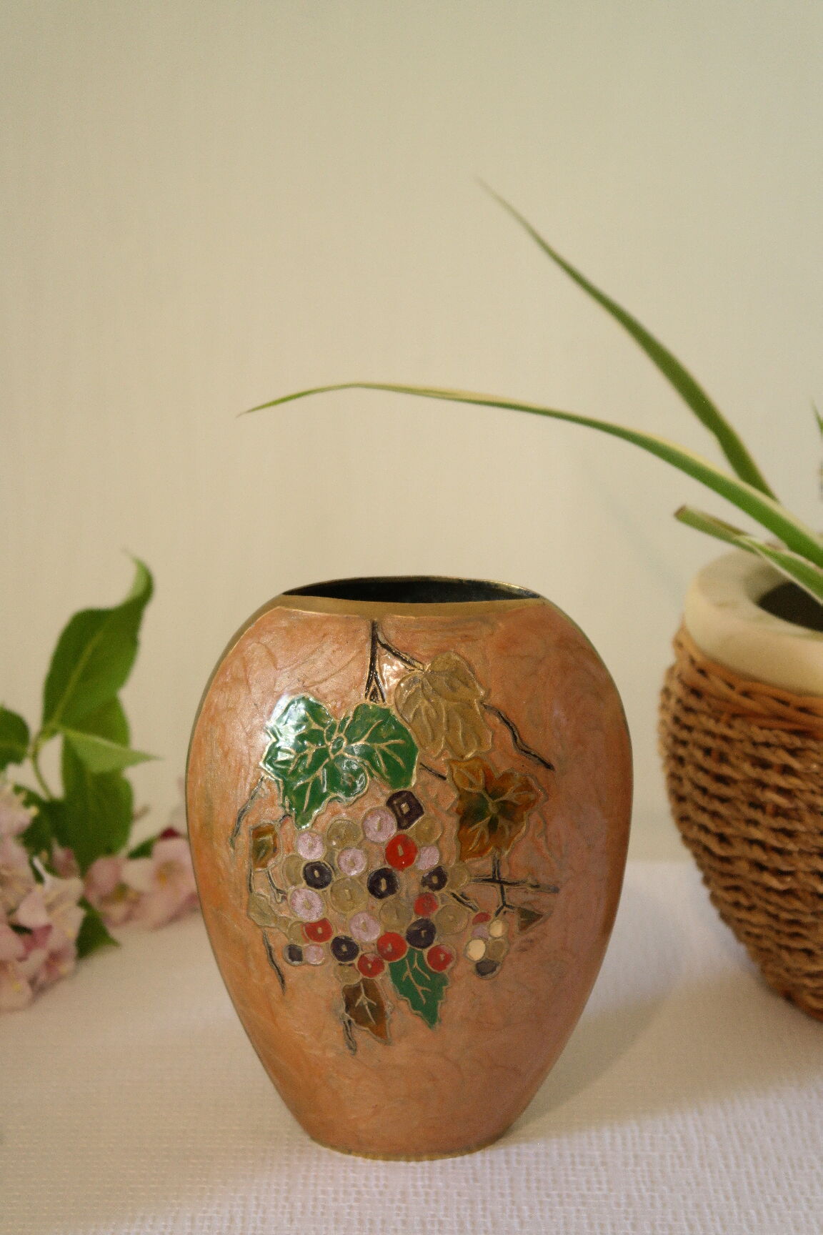Vintage enamelled polychrome brass vase
