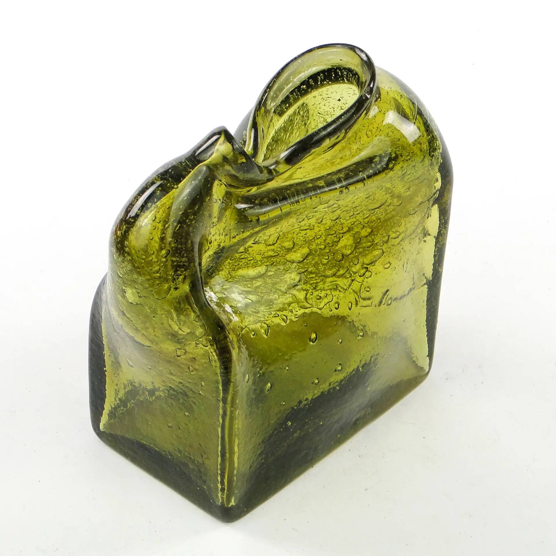 Mid-century modern glass form, olive glass, designed by M. Veltuzen-Nagrabecka, Poland, 1970s
