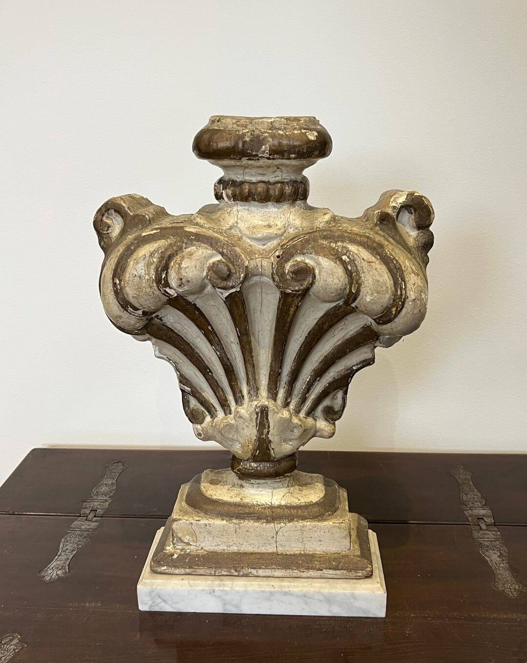 Decorative Element in Carved Wood on a Carrara Marble Base, Baroque I