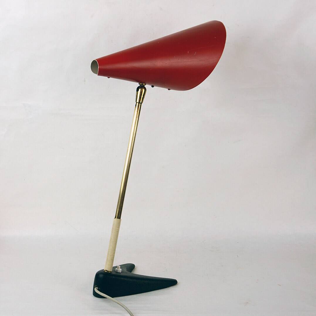 Red Austrian mid-century brass and iron table lamp by J.T. Kalmar