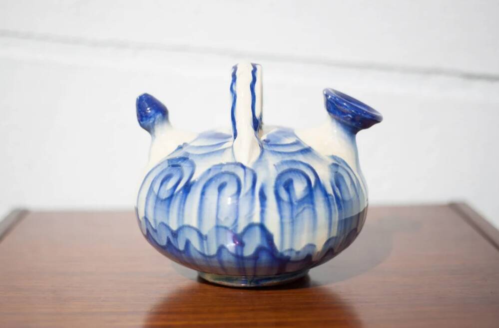 Chevrette pitcher in enamelled terracotta, terracotta gargoulette, folk art pottery, decoration