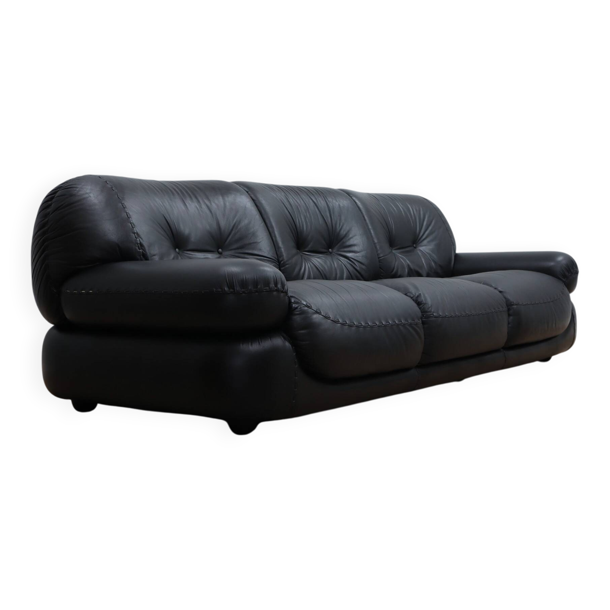 3-Seater black leather Sapporo sofa by Mobil Girgi 1970s