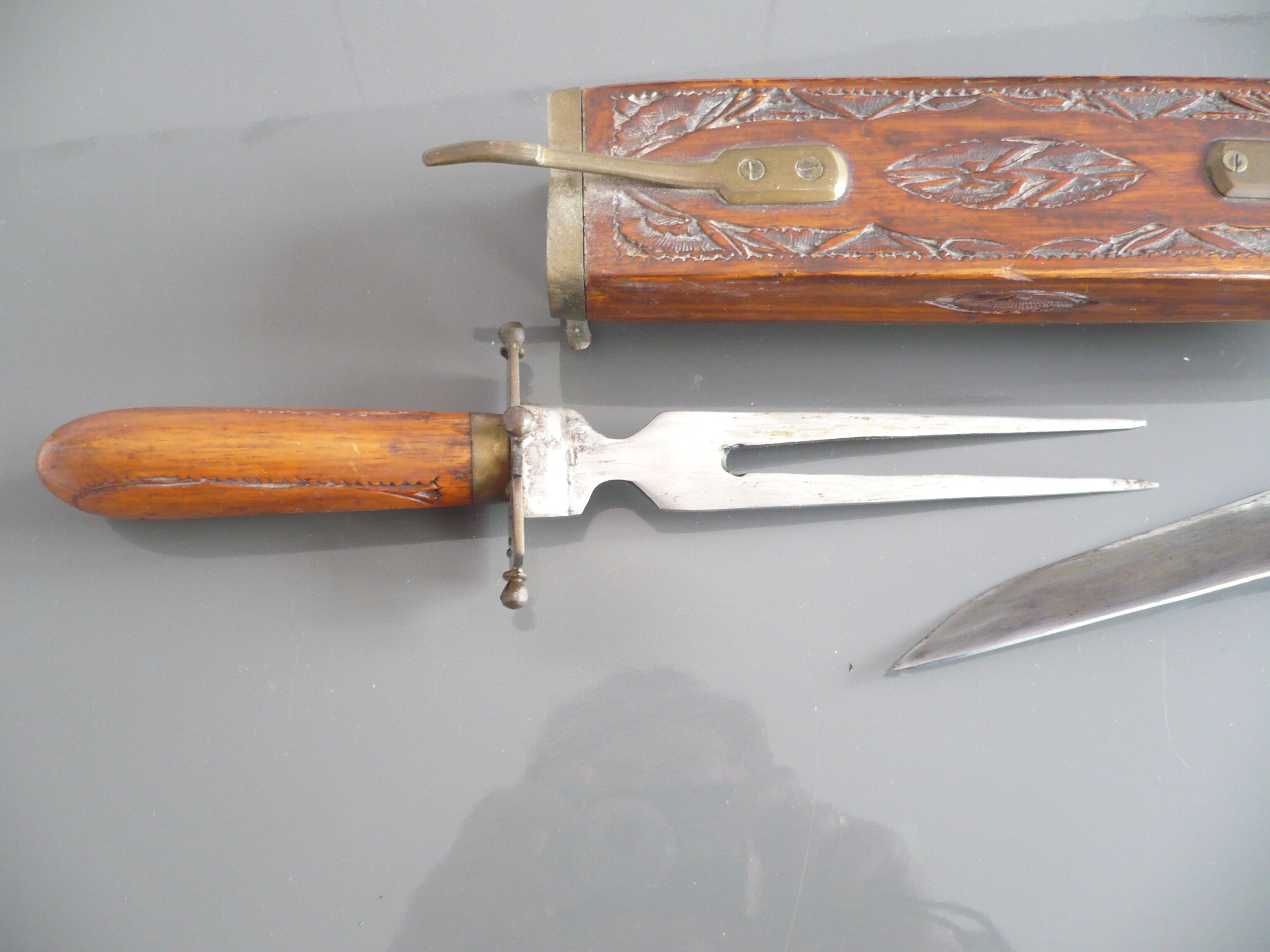 Couteau De Service Japonais Ancien – Manche Bois Sculpté Grue – Fourchette