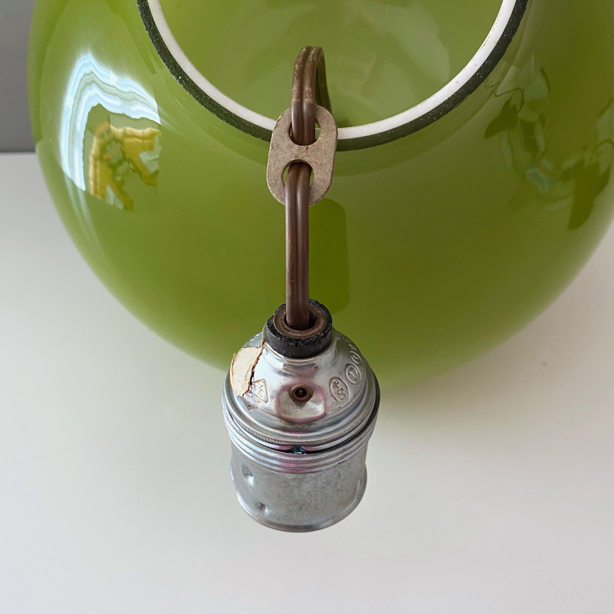 Vintage lamp, green opal glass hanging lamp, mid century interior, scandinavian design, 60's 70's