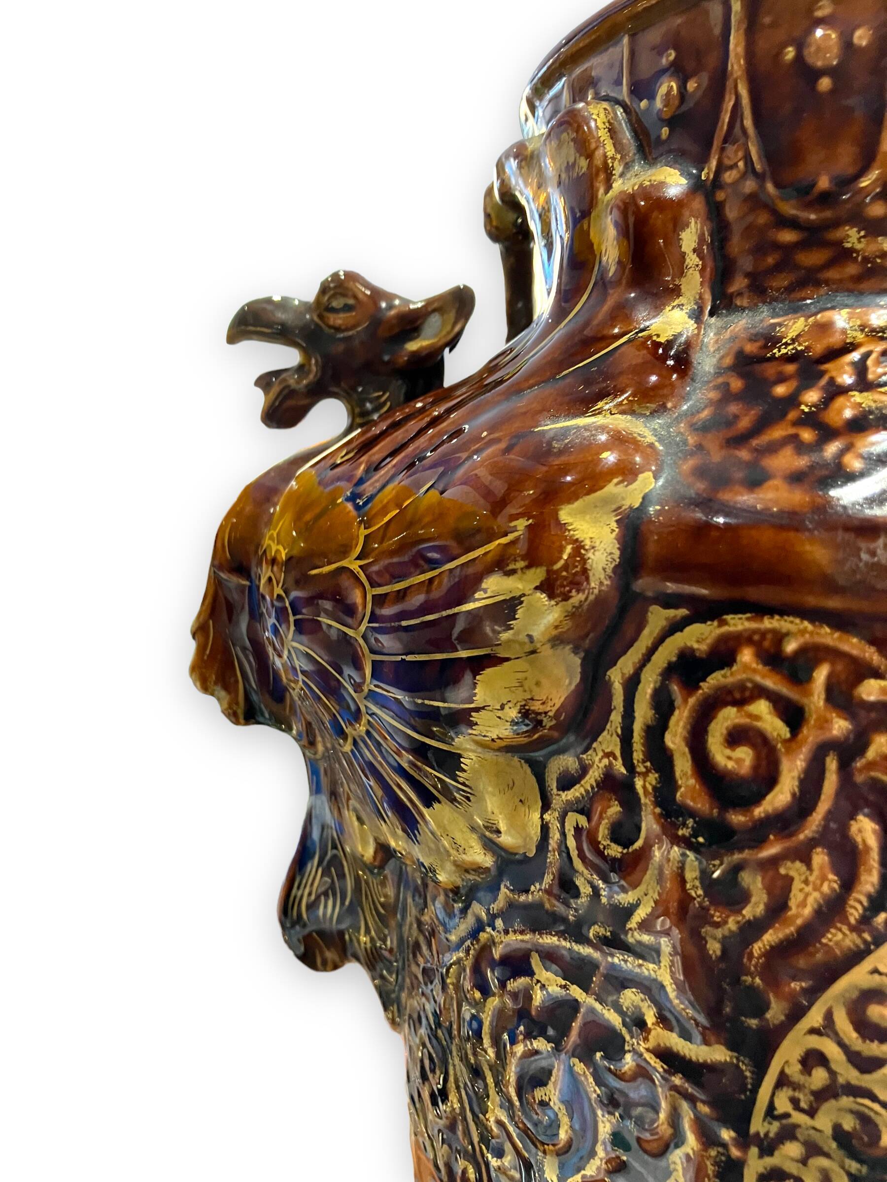 Important Longchamp Griffon vase in golden ceramic
