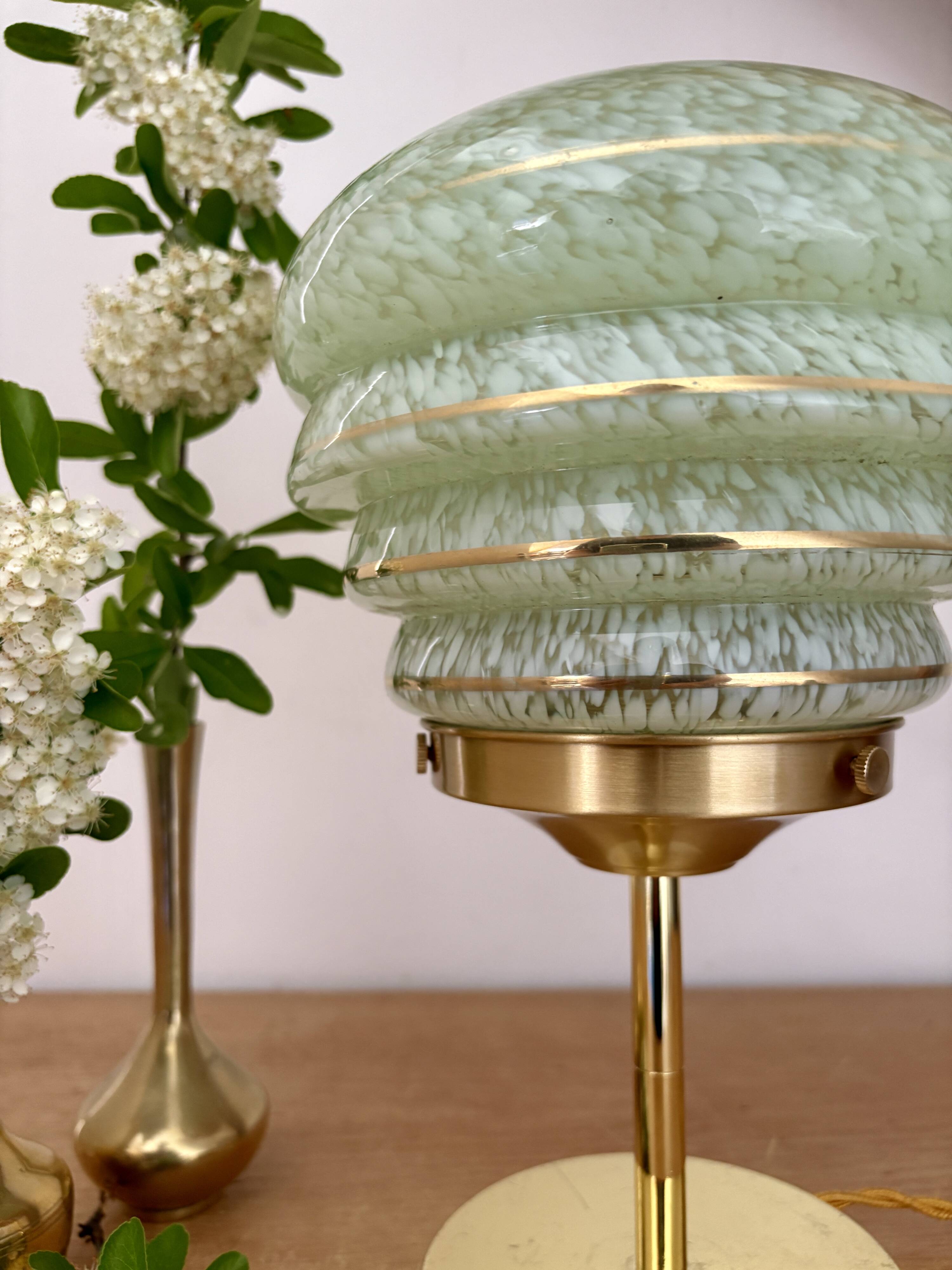 Vintage art deco globe table lamp in green and gold Clichy glass