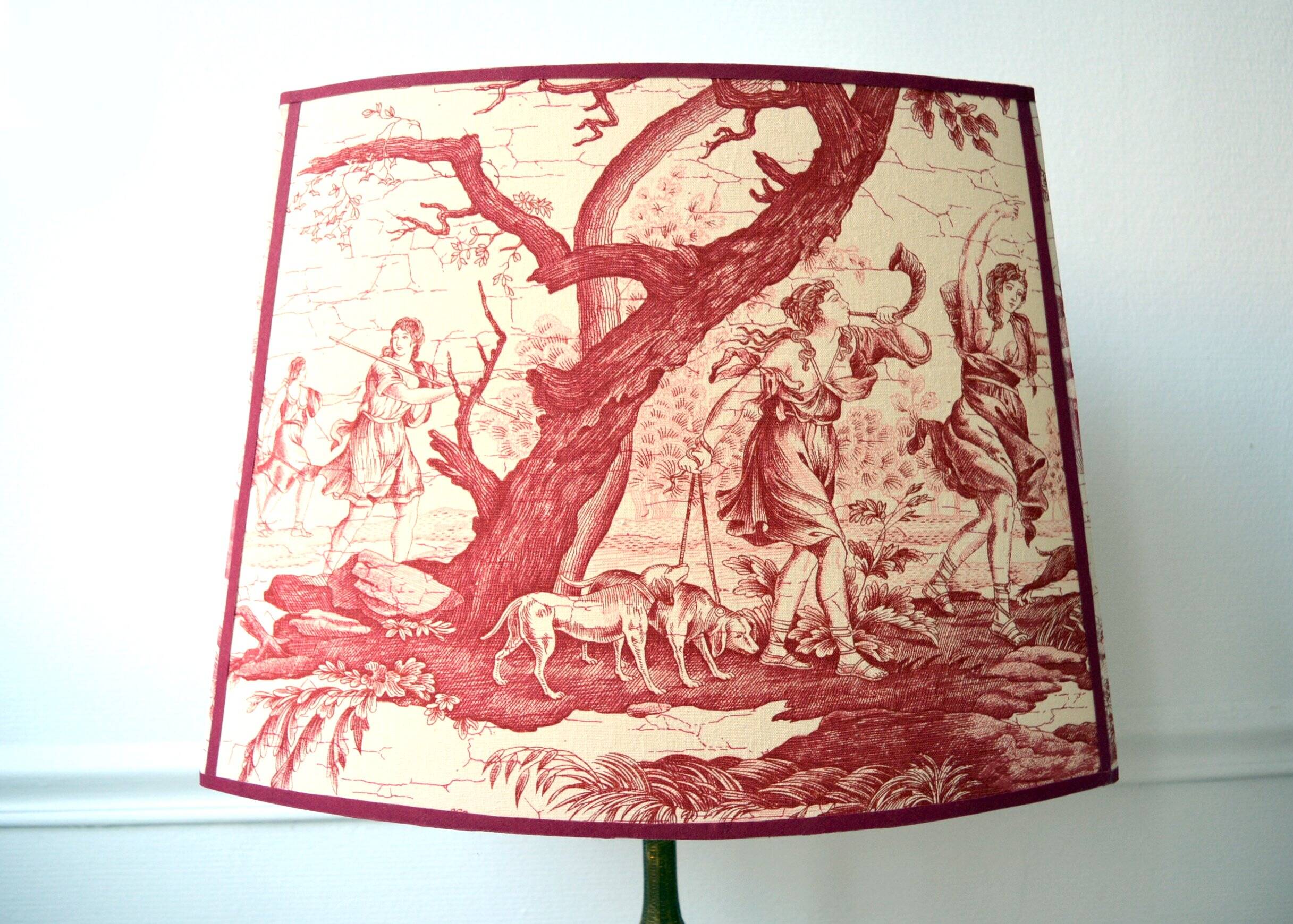 Red toile de Jouy fabric lampshade, Greek goddess Diana the huntress.