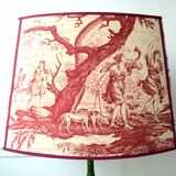 Red toile de Jouy fabric lampshade, Greek goddess Diana the huntress.