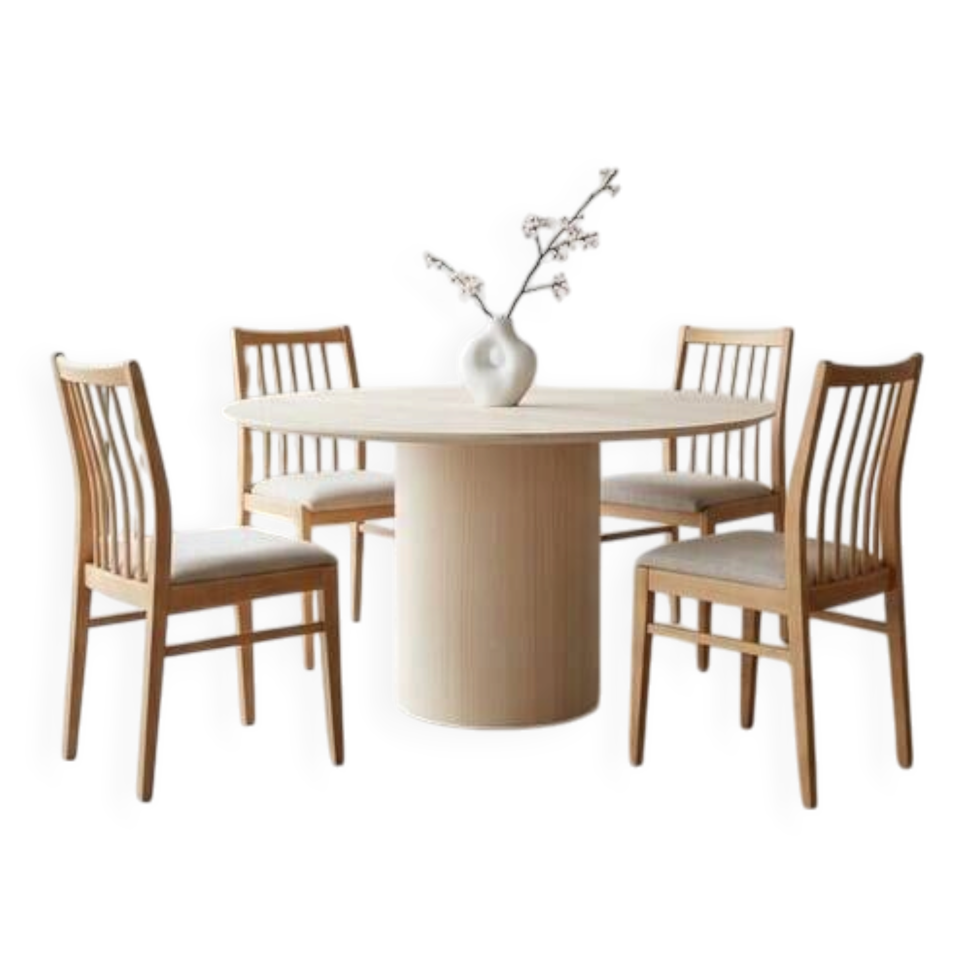 Vintage Dining Chairs Set of 4, Natural beech wood, Herringbone fabric