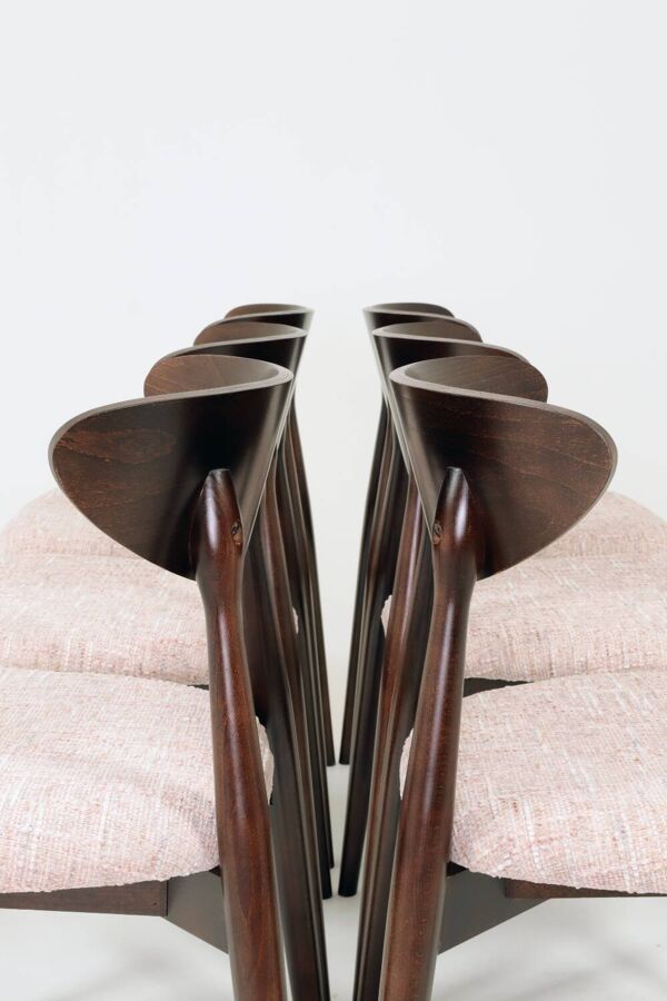 Ensemble de 6 chaises de salle à manger roses, design scandinave, bois foncé