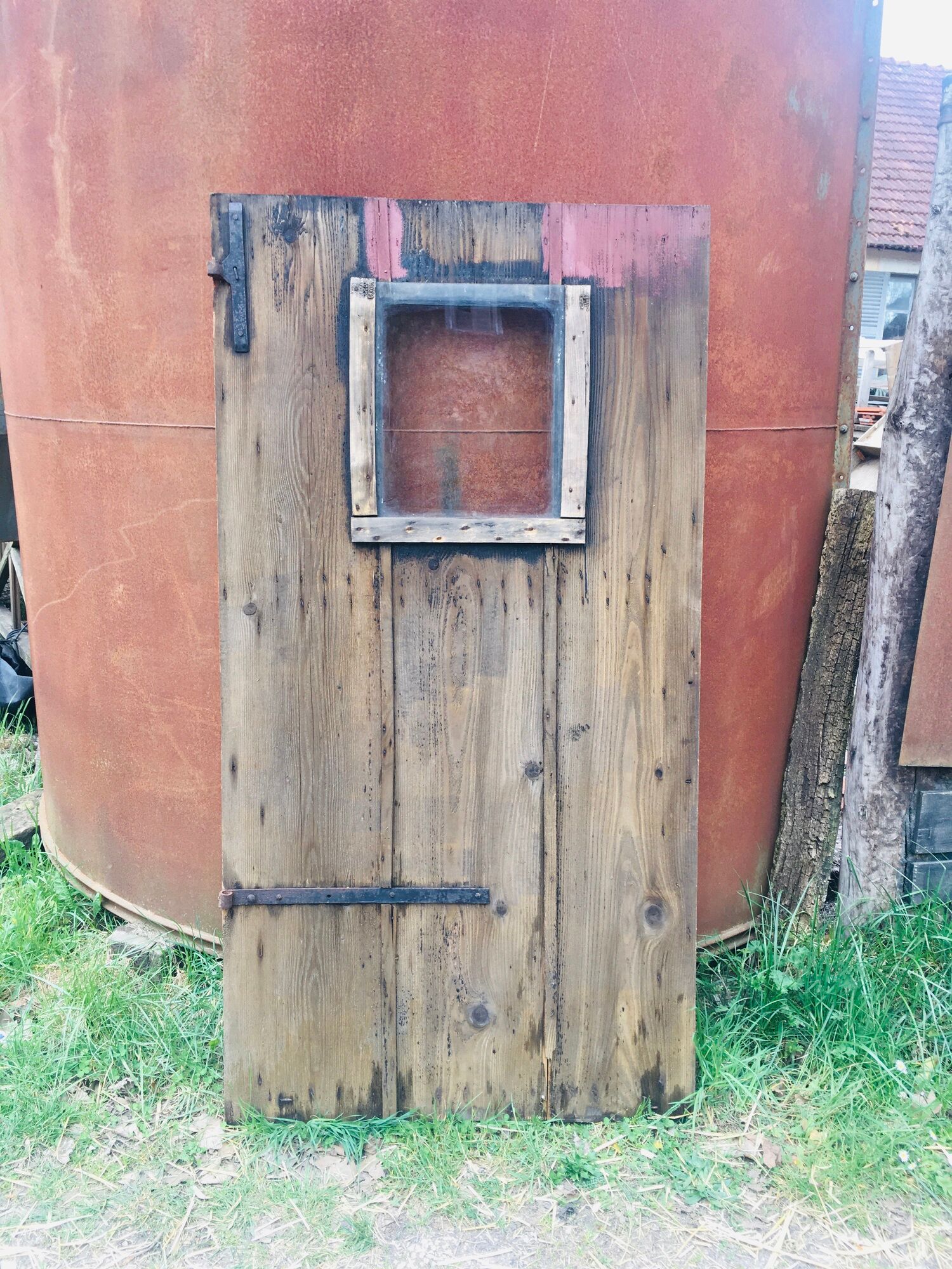 Old wooden door fir look barnwood with window 1800s