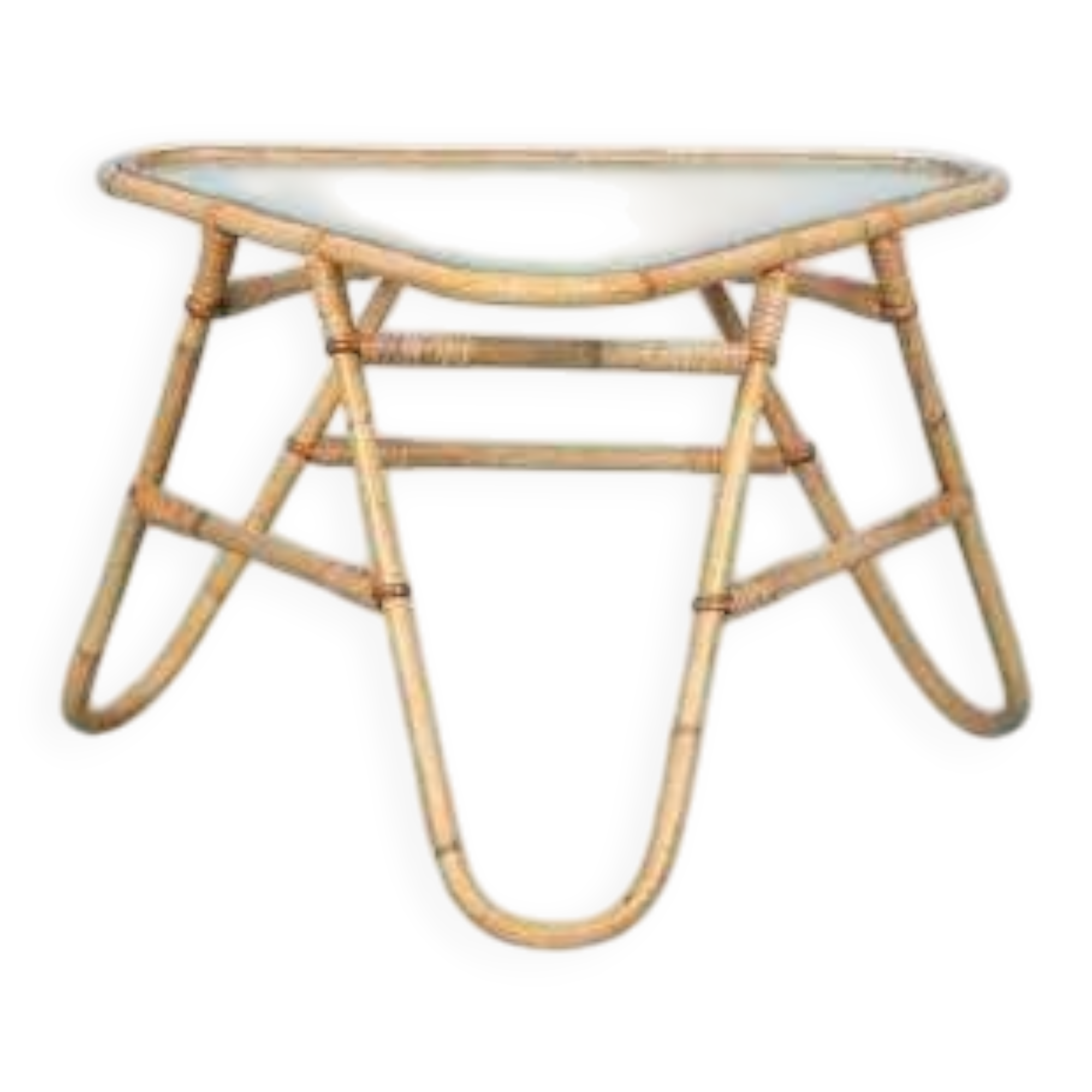 Vintage rattan coffee table from the sixties, bohemian rattan side table.