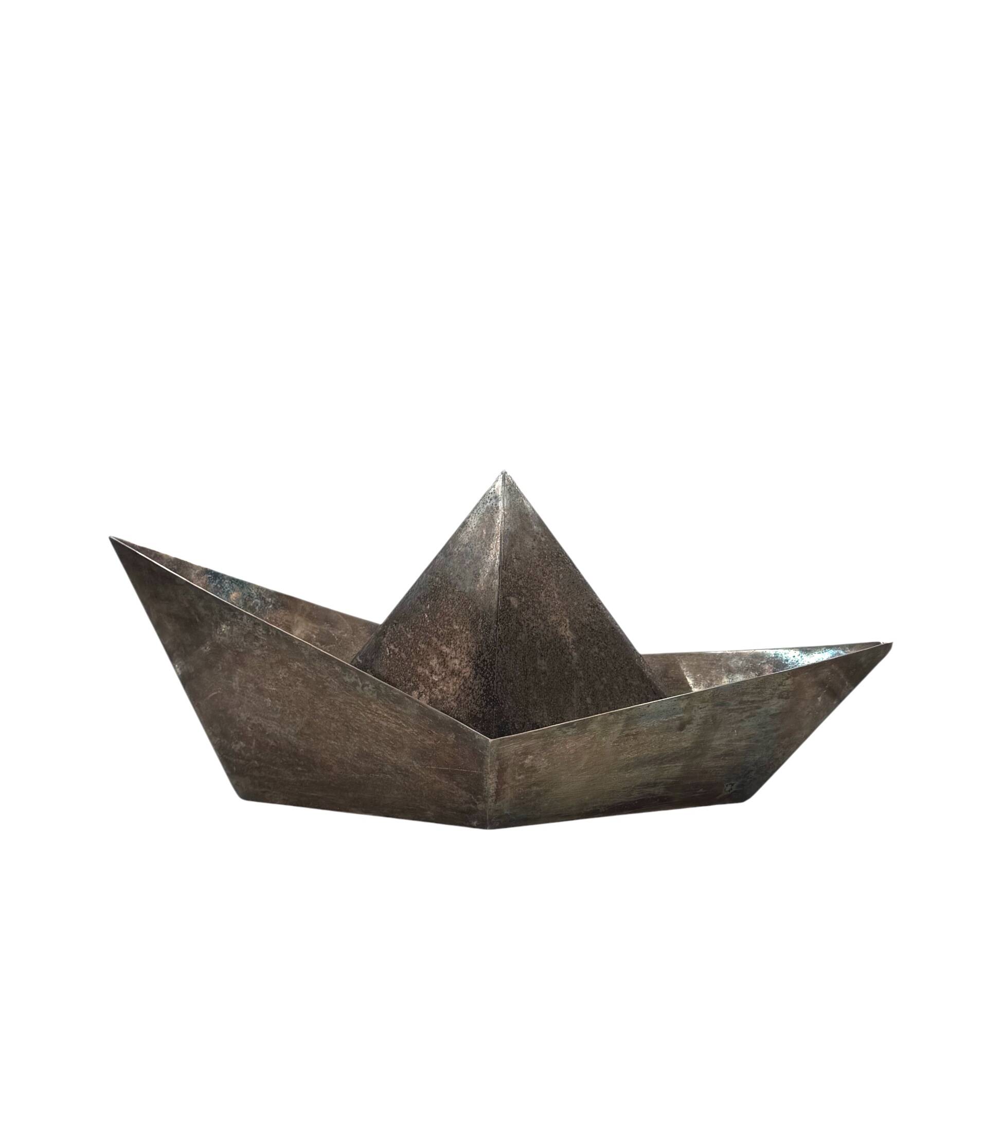 Modern silver-plated paper boat sculpture, Paola C. Aldo Cibic Italy 1980