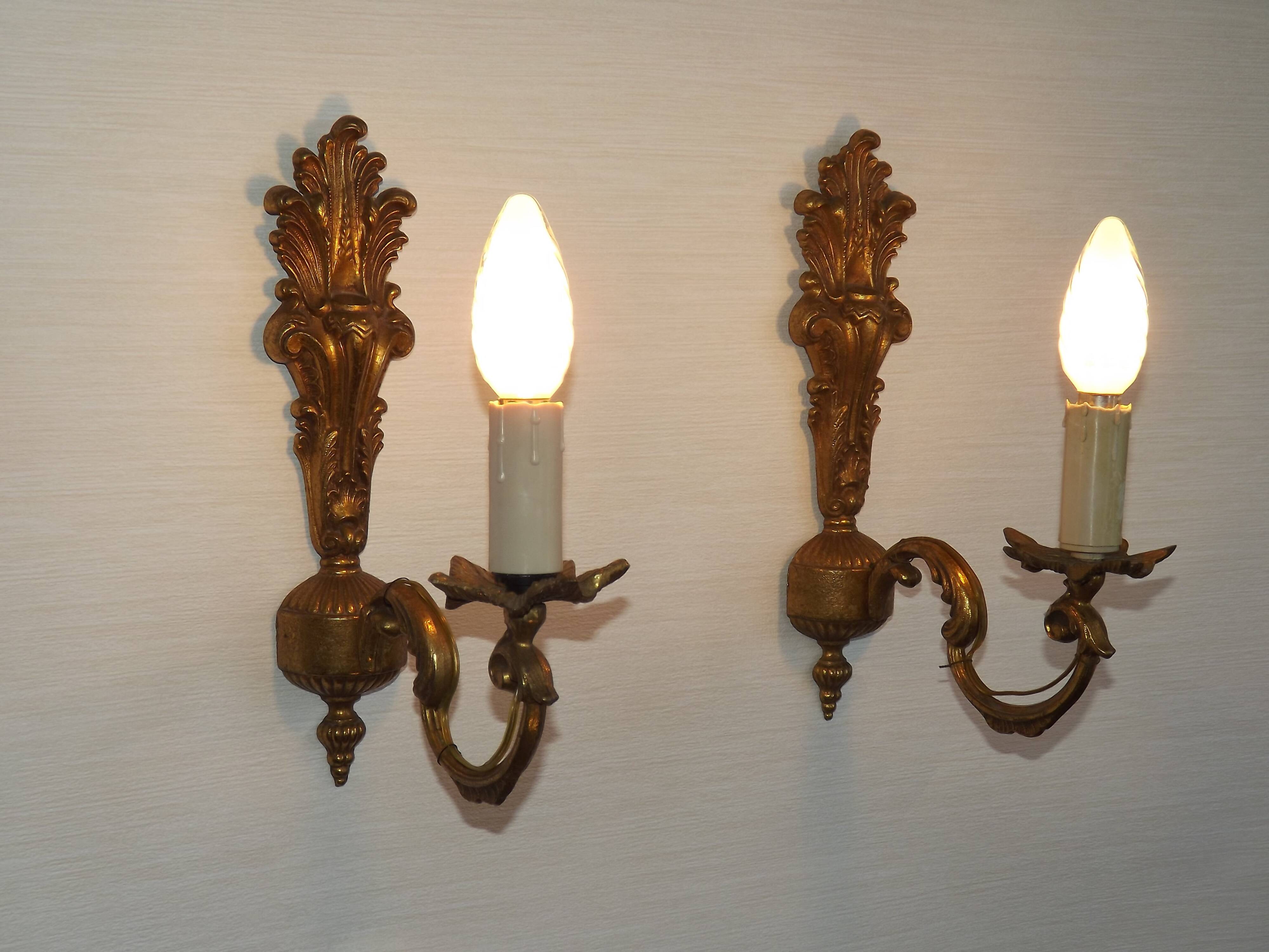 Pair French Gilt Bronze Single Wall Sconces Leaf & Feather Plume Detail