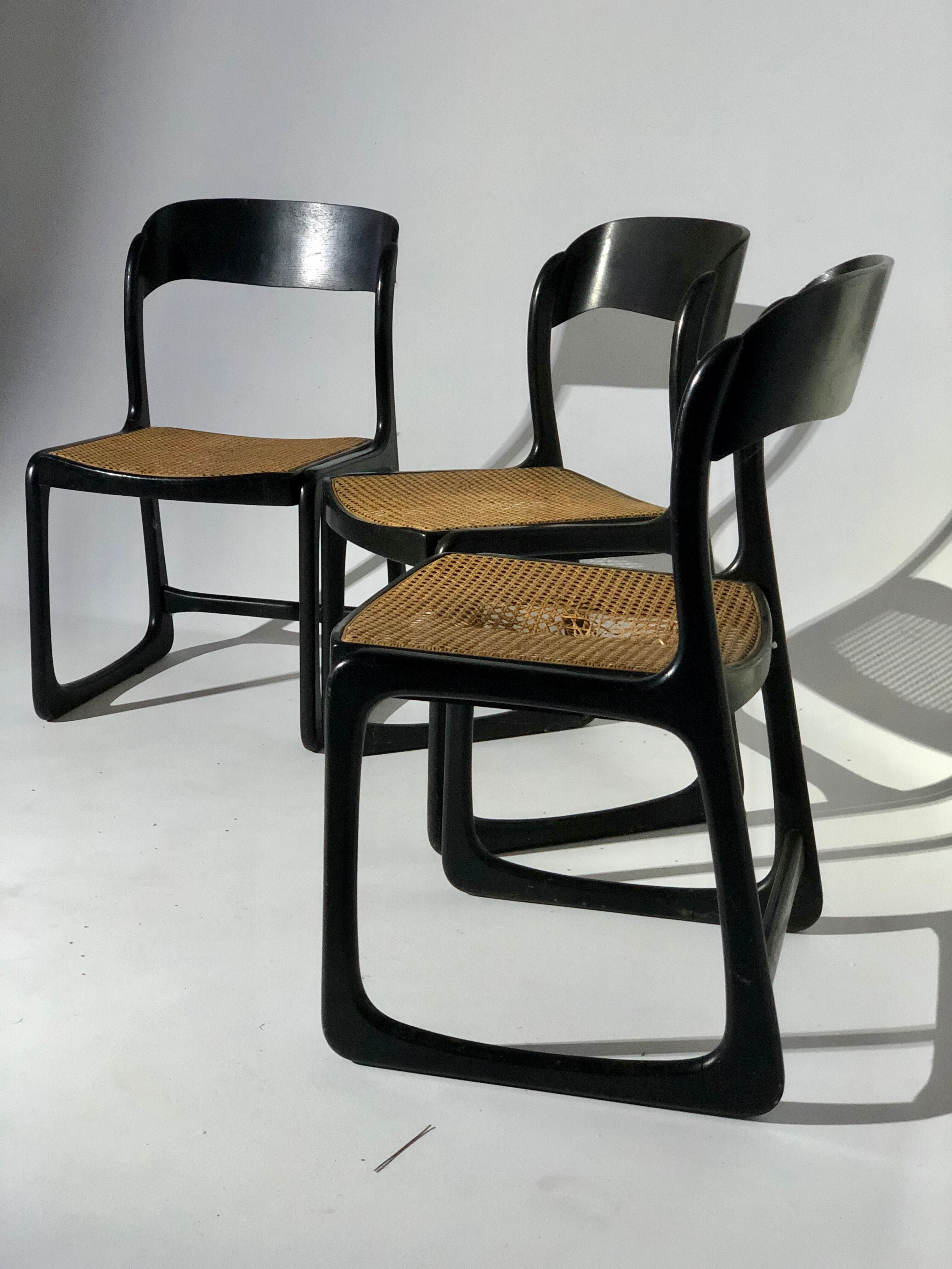Suite of 3 vintage chairs Baumann cannage wood painted black