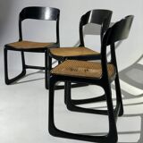 Suite of 3 vintage chairs Baumann cannage wood painted black