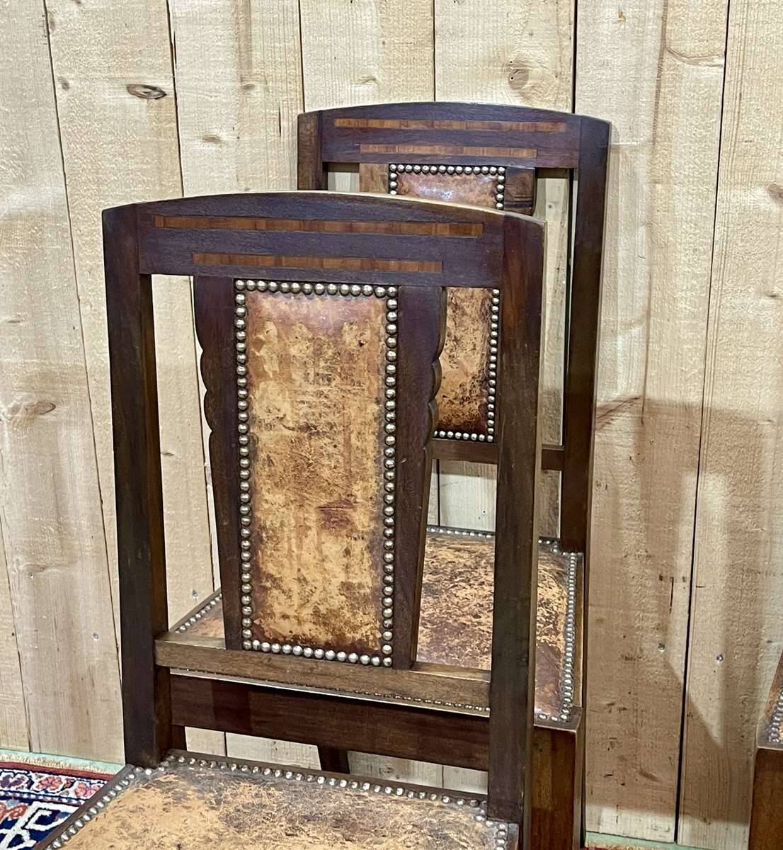Series of 6 Art Deco chairs in mahogany and leather from the 1930s