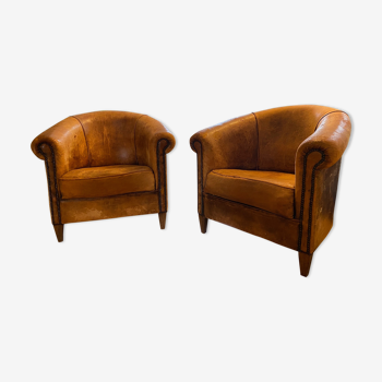 Ensemble de 2 chaises Club en cuir authentiques