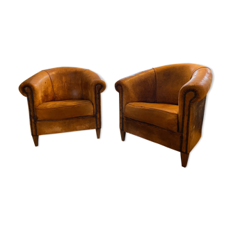 Ensemble de 2 chaises Club en cuir authentiques