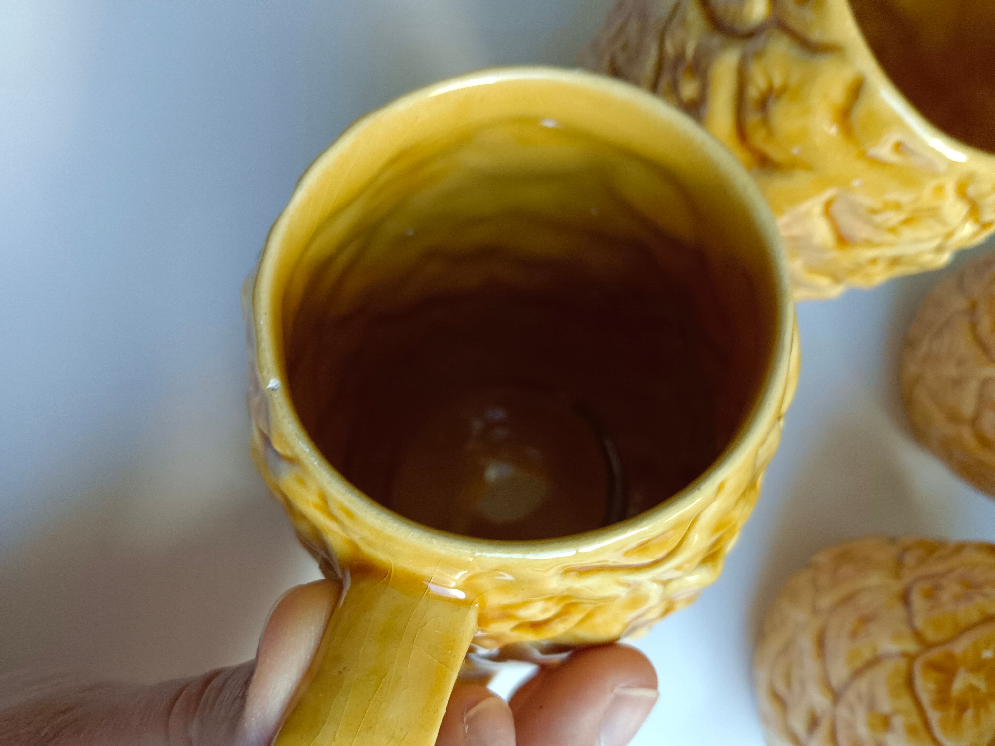 Handmade yellow pineapple mugs signed Kerangol made in Portugal.