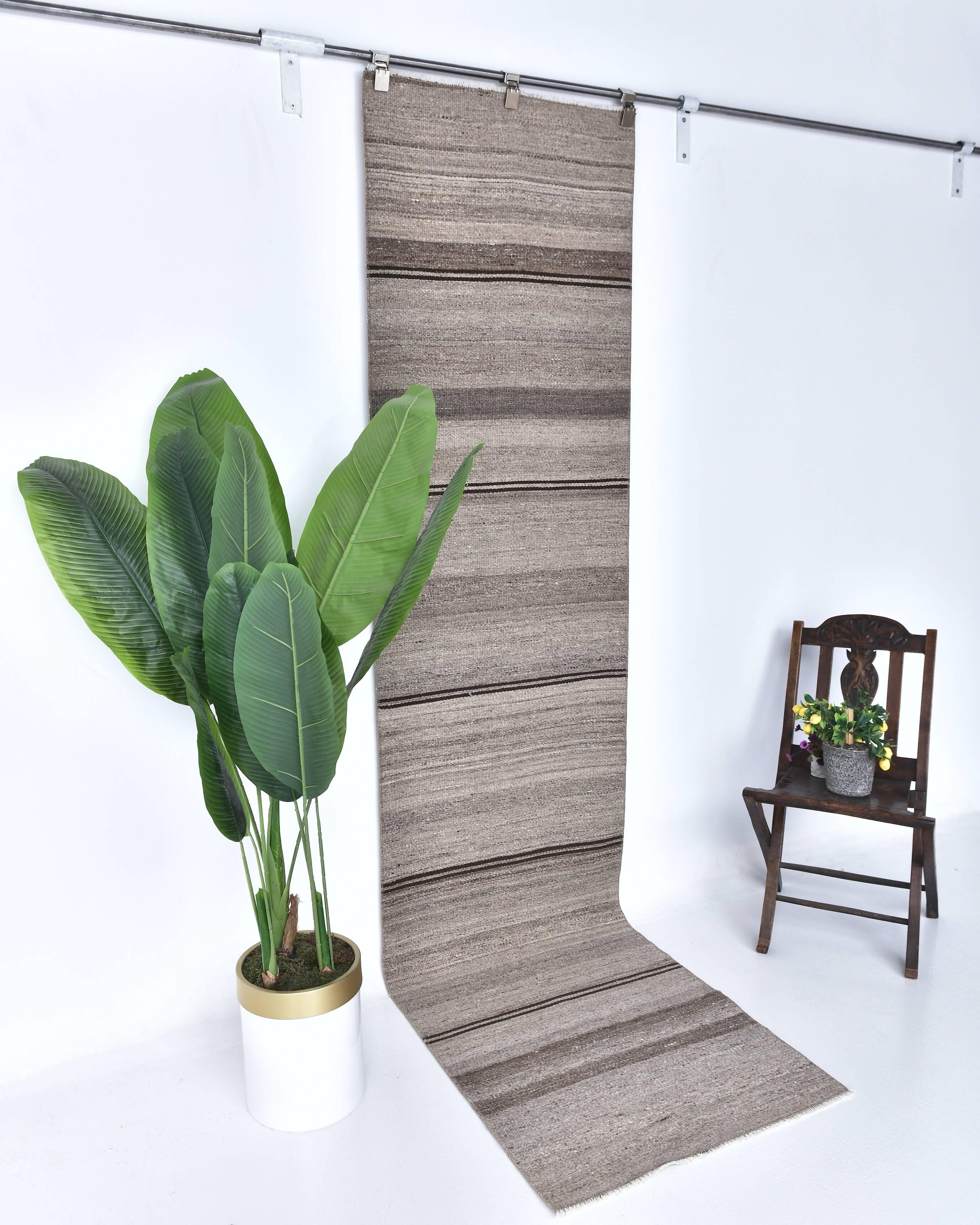 2x9 Brown Beige Striped Kilim Runner Rug 71x279Cm SK 241367