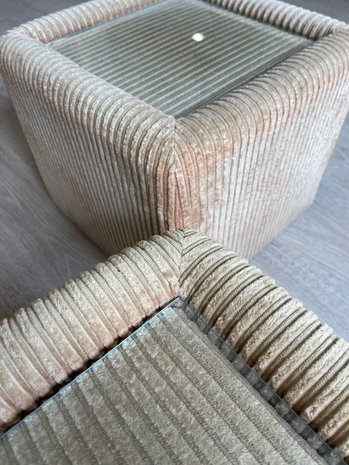 Pair of bedside tables, beige corduroy & glass