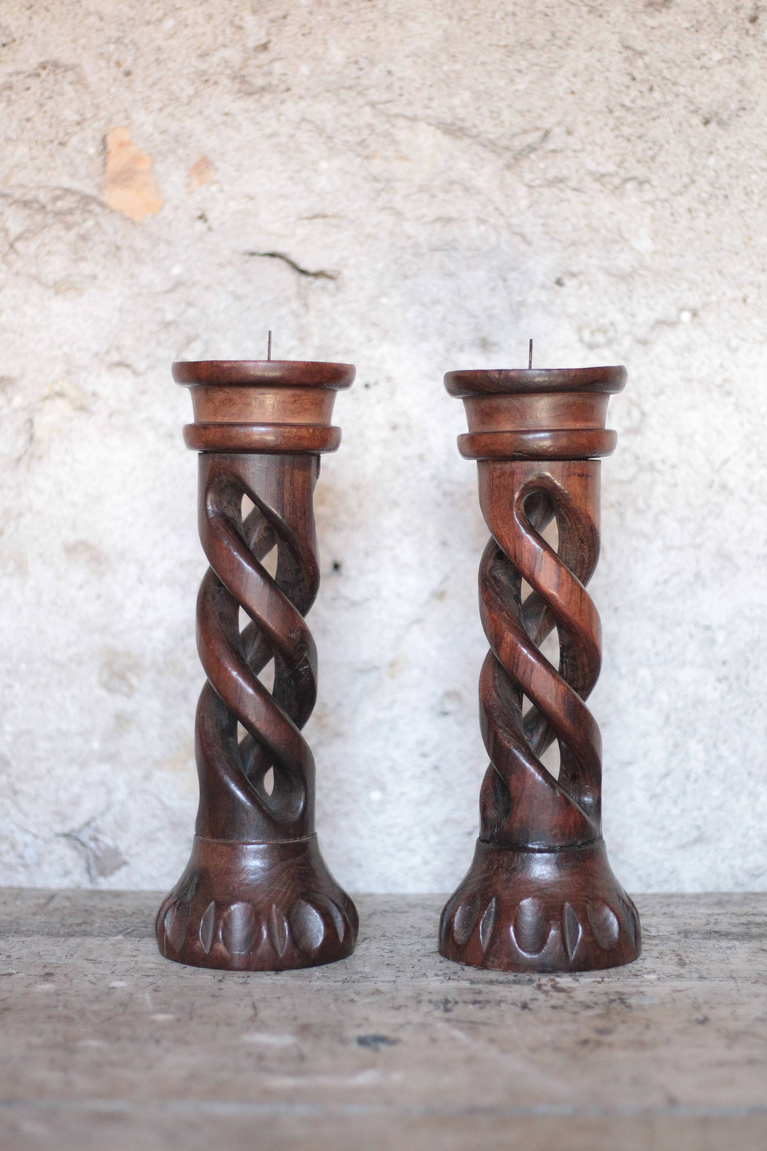 Pair of brutalist wooden candle holders, vintage wooden candle holder, decor