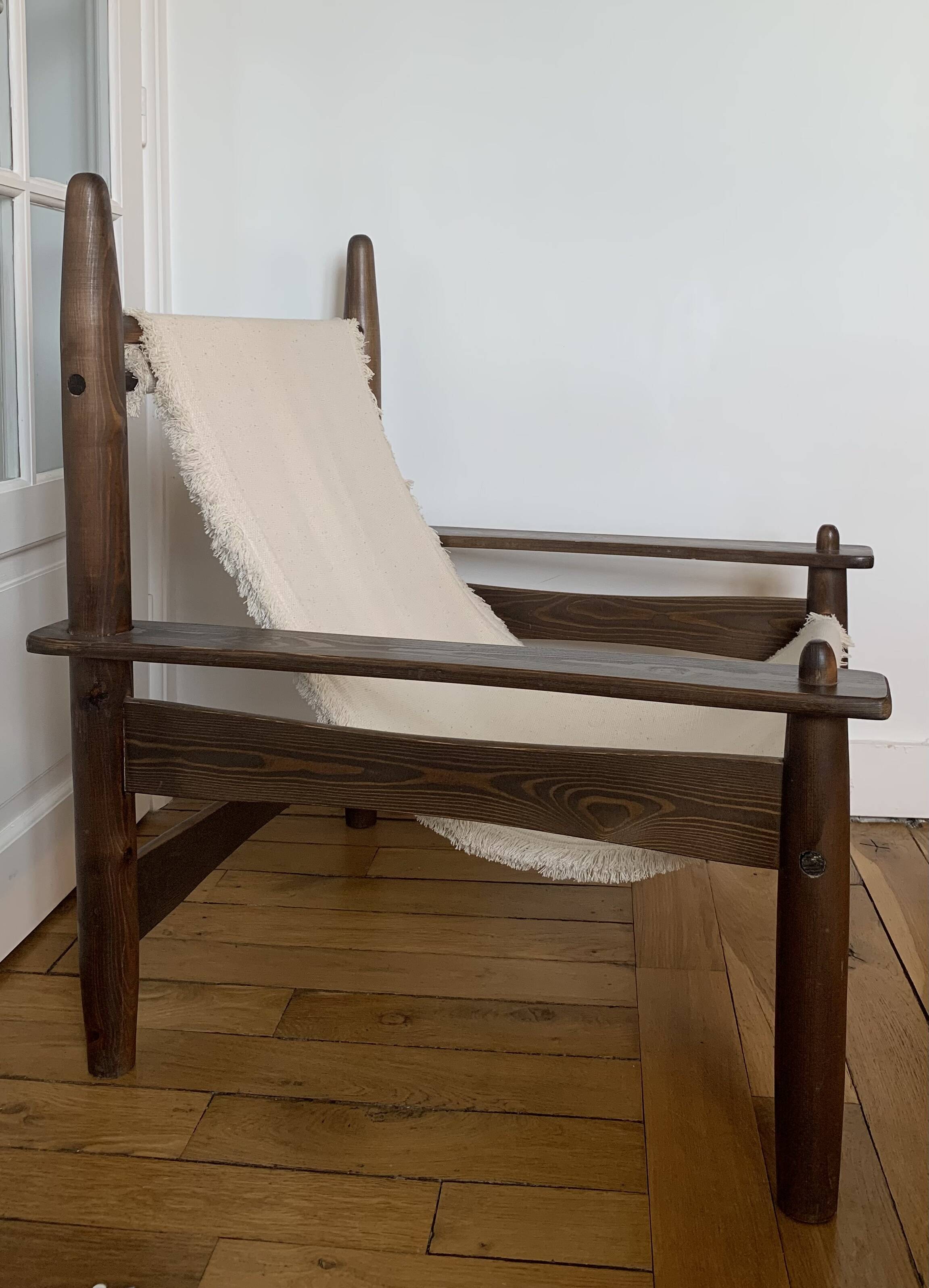 Honoré Safari armchair in wood and beige canvas