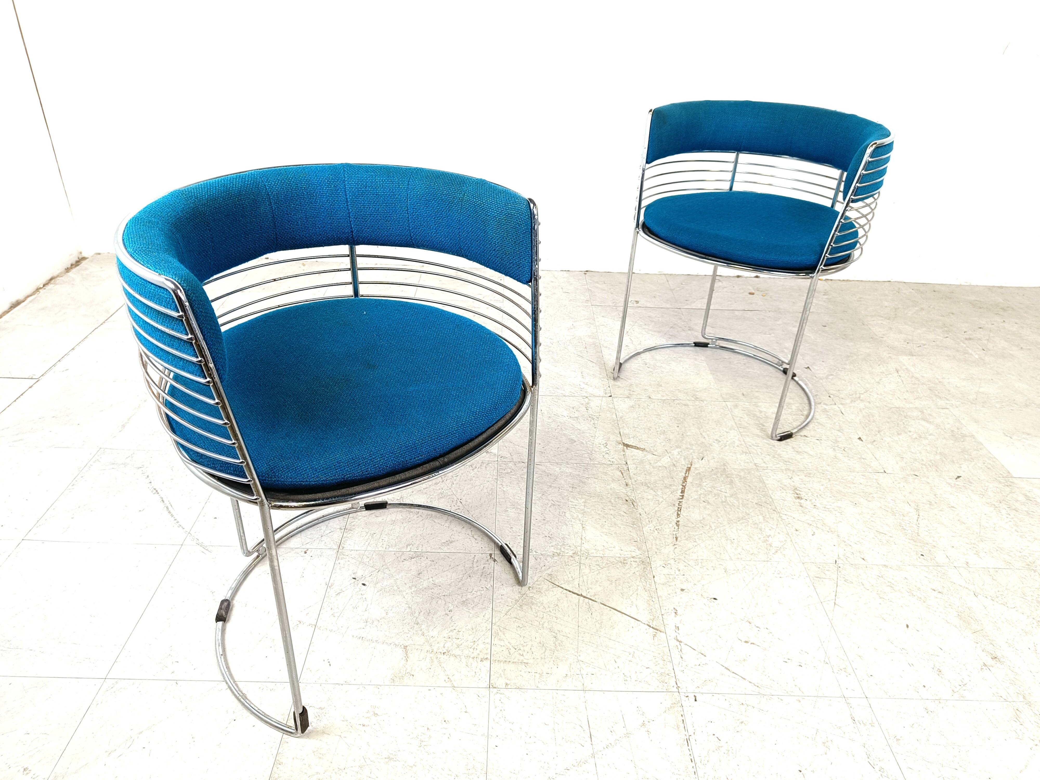 Set of 6 chrome wire and blue fabric dining chairs, 1970s