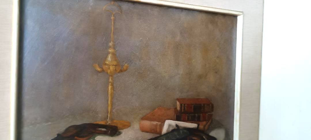 Oil painting on faesite books and lamp - signed 70s