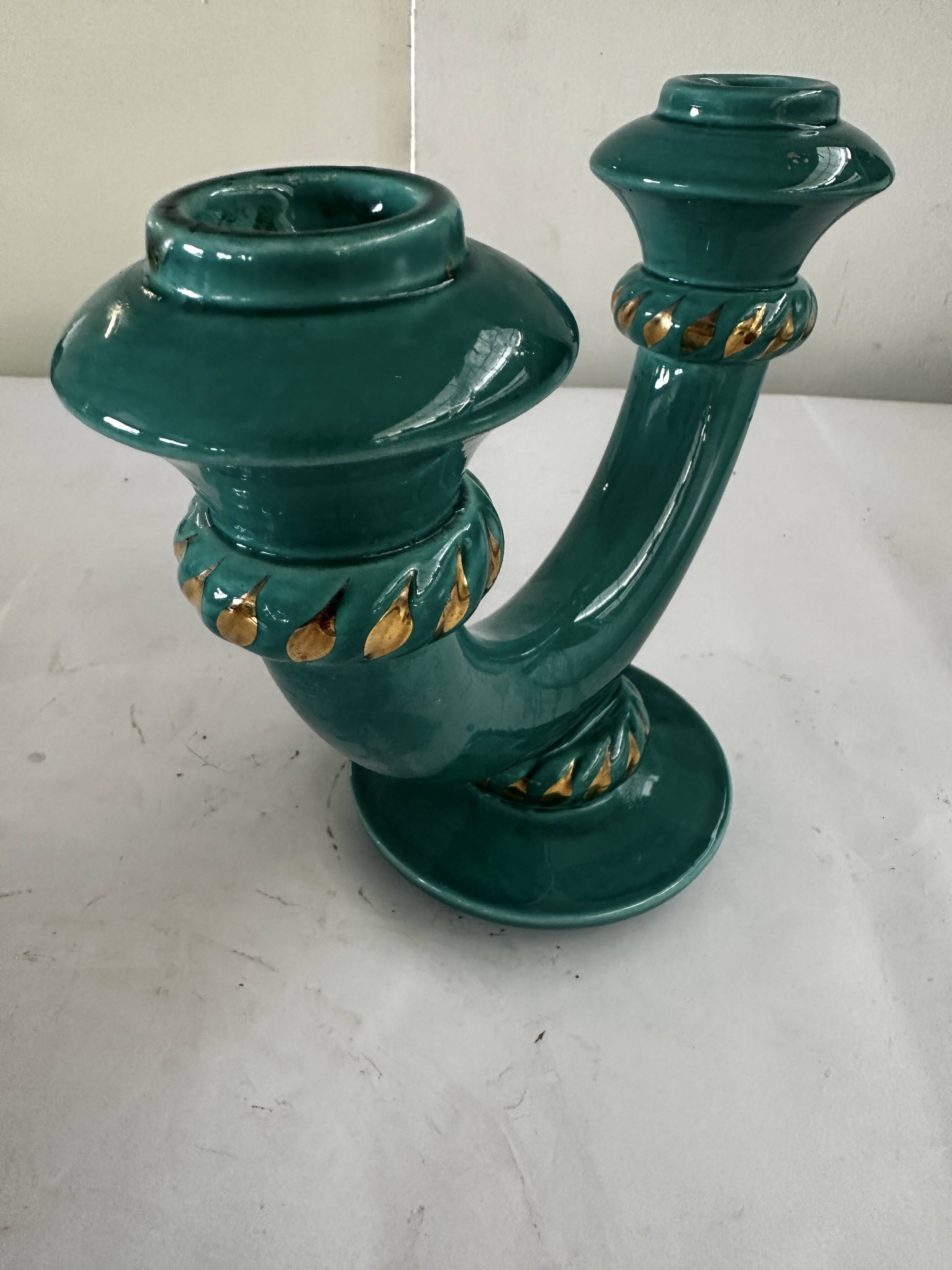 Art Deco candlestick in green and gold glazed ceramic, attributed to Vallauris