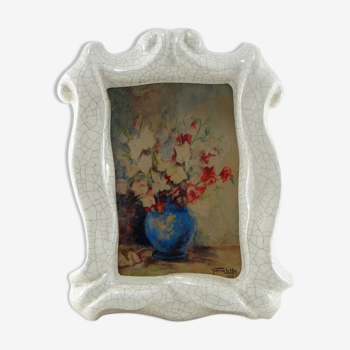 Watercolor bouquet of flowers Yvonne Le Hir in cracked frame, France, 1948.