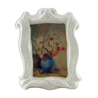 Watercolor bouquet of flowers Yvonne Le Hir in cracked frame, France, 1948.