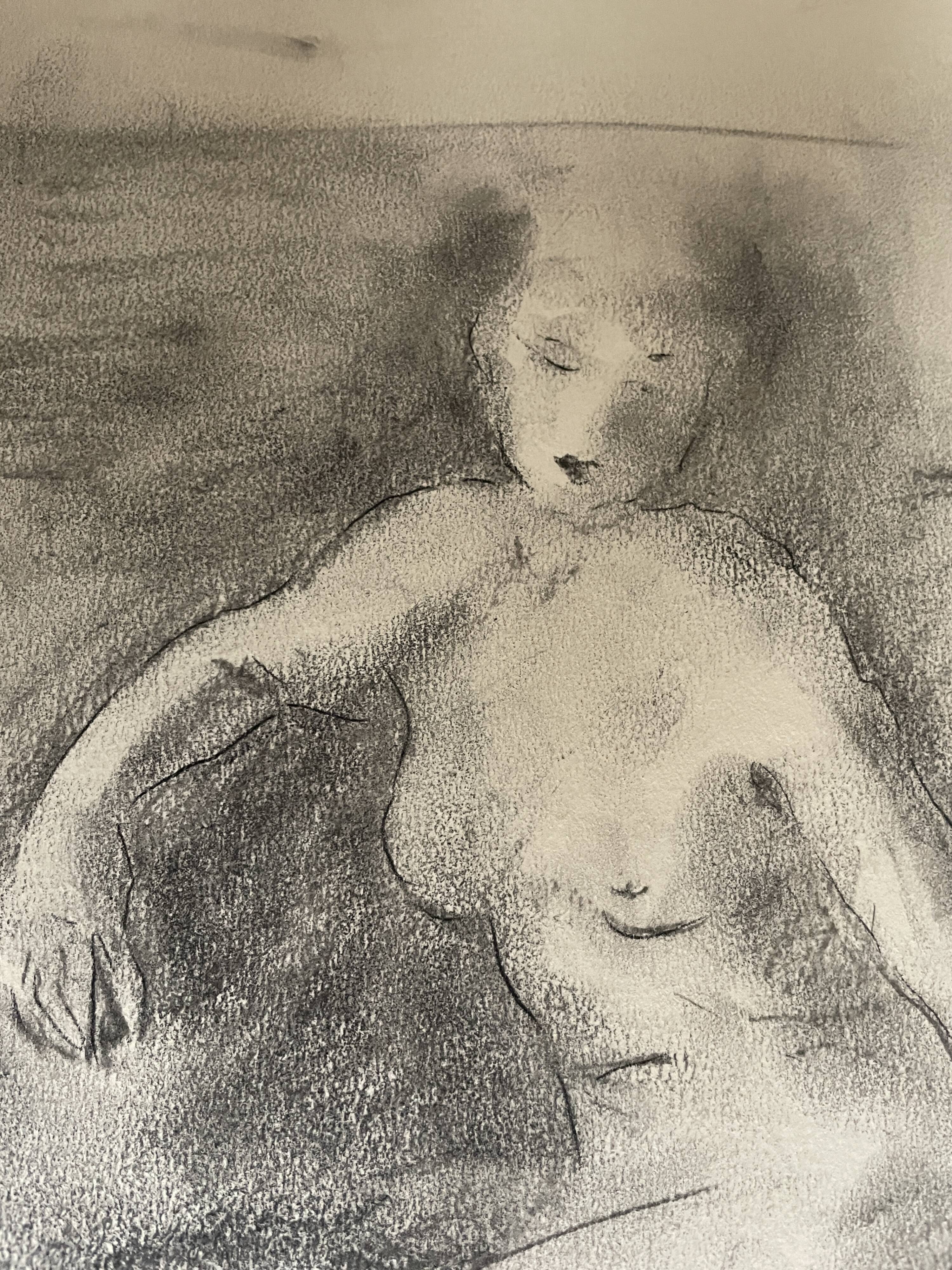 Signed female nude charcoal painting