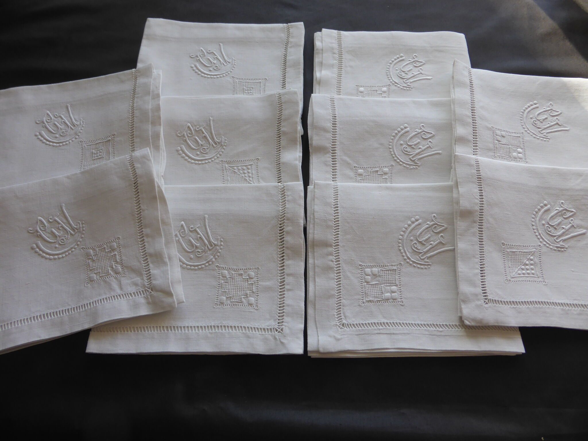 10 old art deco towels in embroidered white linen GV and days scale